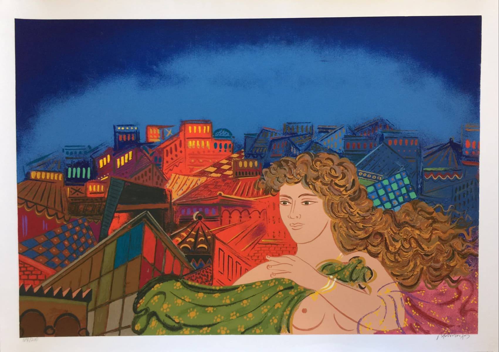 Stathopoulos Giorgos, Figure and cityscape, Silkscreen print, 76 x 112 cm