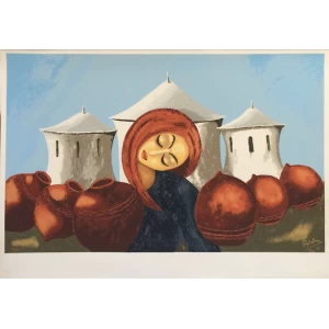 Hatzisotireiou Xanthos, Figure with jars, silkscreen, 70 x 100 cm