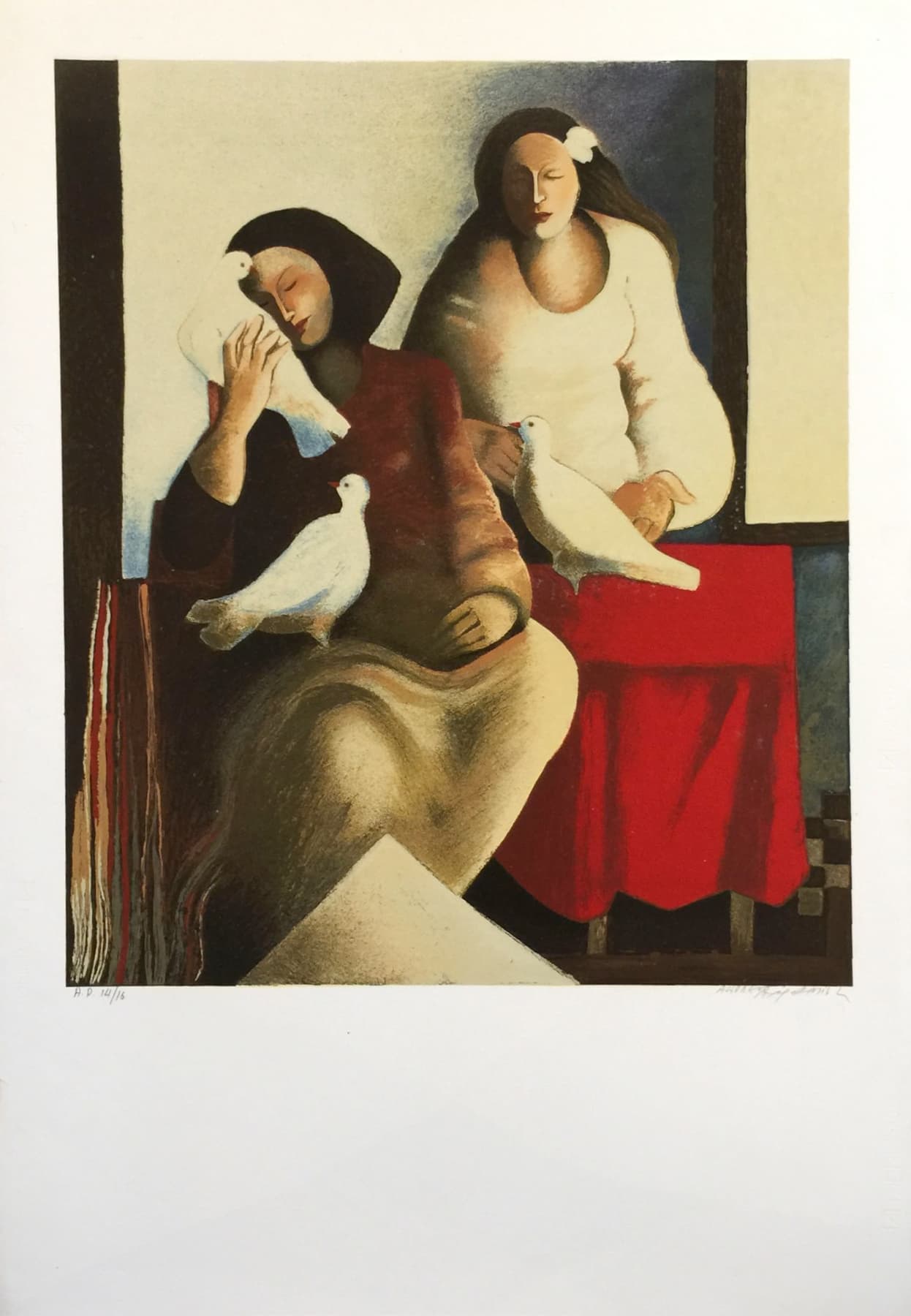 Charalambidis Andreas, Two figures with doves, Silkscreen, 100 x 70 cm