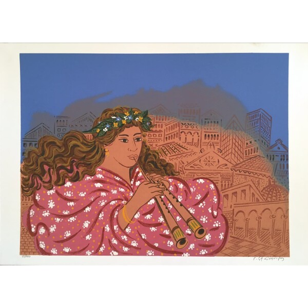 Stathopoulos Giorgos, Woman with aulos, Silkscreen print, 50 x 70 cm