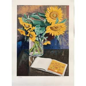 Michaelides Petros, Still life with sunflowers, Silkscreen print, 69 x 50 cm