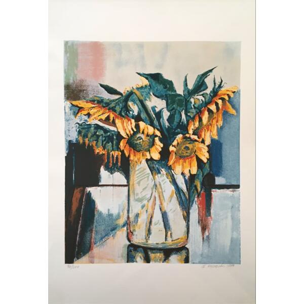 Michaelides Petros, Still life with sunflowers, Silkscreen print, 70 x 50 cm