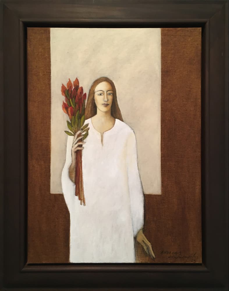 Charalambides Andreas, Woman holding red lilies, Oil on canvas, 80 x 60 cm