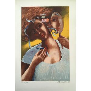Ladommatos Andreas, Woman with mirror, Silkscreen print, 56 x 38 cm
