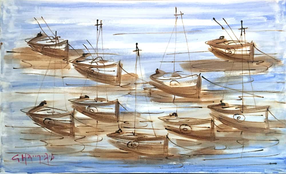 Iliopoulos Giorgos, Fish boats, Acrylic on canvas, 80 x 100 cm