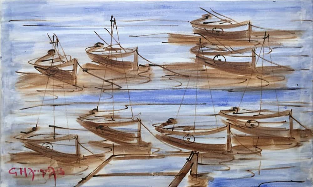 Iliopoulos Giorgos, Fish boats, Oil on canvas, 80 x 99 cm