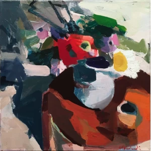 Kolokytha Mary, Still life with flowers, Acrylic on canvas, 40 x 40 cm