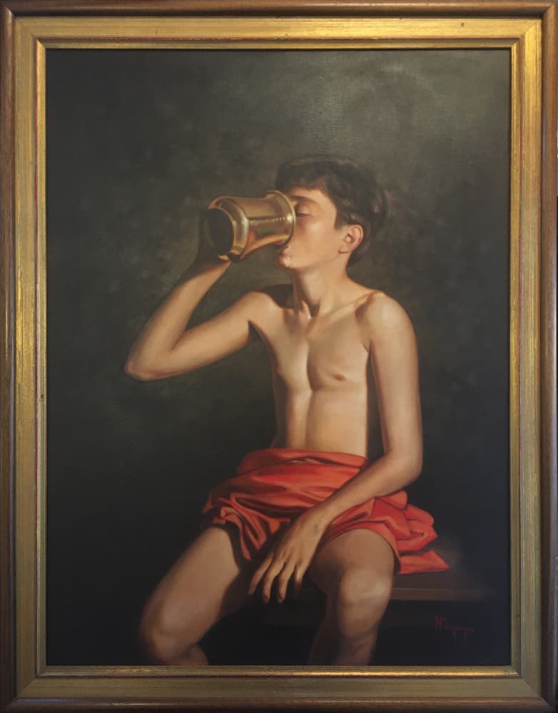 Kalatzis Nikos, Portrait of a boy, full-length, sipping from a drinking vessel, Oil on canvas, 80 x 60 cm