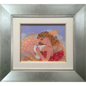 Stathopoulos Giorgos, Woman with Dove, Acrylic on paper mounted on board, 23.2 x 28.2 cm