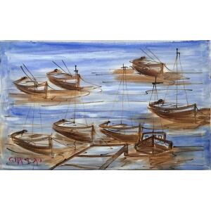 Iliopoulos Giorgos, Fish boats, Oil on canvas, 60 x 100 cm