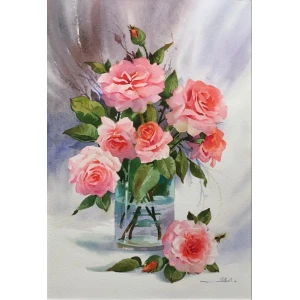 Nasser Nour Mohammad Zadeh, Still life roses, Aquarelle on paper, 49.5 x 43.5cm