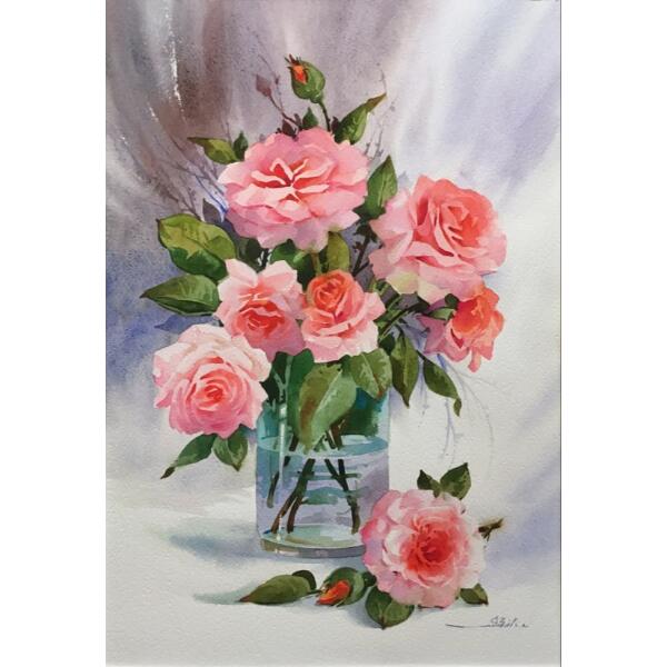 Nasser Nour Mohammad Zadeh, Still life roses, Aquarelle on paper, 49.5 x 43.5cm