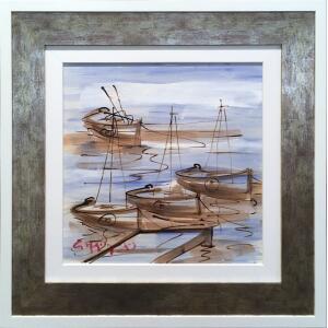 Iliopoulos Giorgos, Fish boats, Acrylic on paper laid on board, 40 x 40 cm