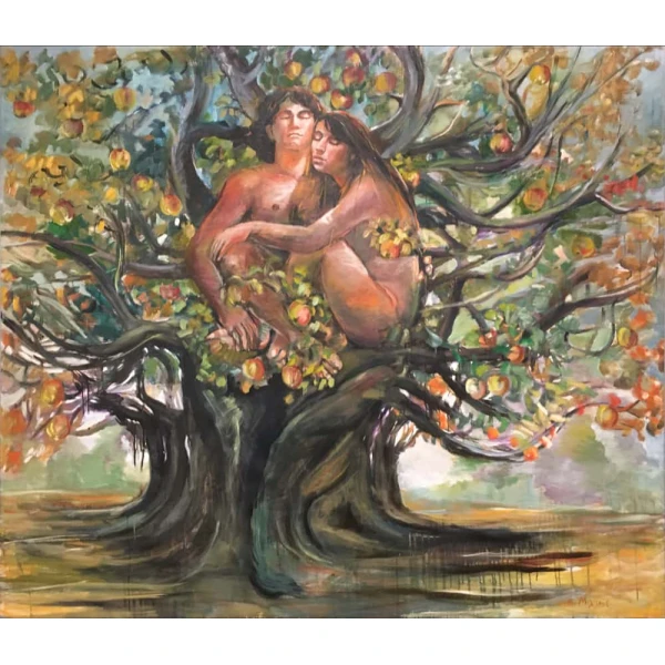 2665-bn Mihlis Pambos, Adam and Eve, OIl on canvas, 142 x 164 cm