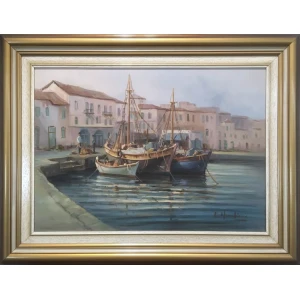 Manolatos Kostas, Fish boats at port, Oil on canvas, 49.5 x 69.3 cm