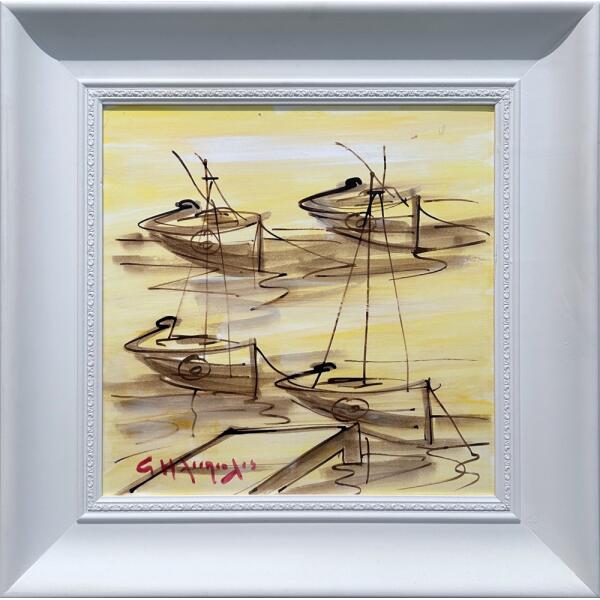 2528-au Iliopoulos Giorgos, Fish boats, Acrylic on paper laid on board, 40 x 40 cm