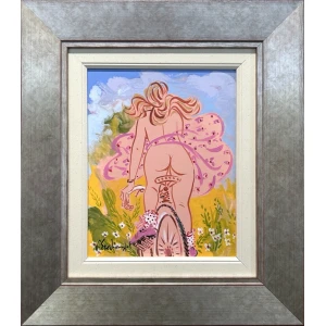 2090-au Stathopoulos Giorgos, Nude on bicycle, Acrylic on paper, mounted on hardboard, 30.8 x 24.8 cm