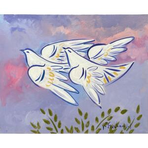 2100-au Stathopoulos Giorgos, Doves, Acrylic on paper laid on board, 25 x 30.7 cm