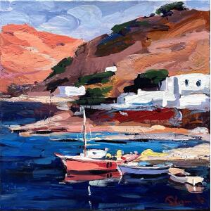 2743-au Kolokythas Vasilis, Amorgos, Oil on canvas, 30 x 30 cm