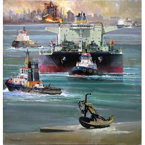 2852 Papanelopoulos Ioannis, Tankers (From Piraeus Port series), Oil on canvas, 100 x 100 cm