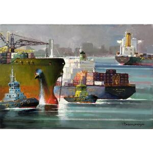 2853 Papanelopoulos Ioannis, Tankers (From Piraeus Port series), Oil on canvas, 40 x 60 cm