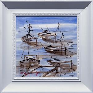 2527-au Iliopoulos Giorgos, Fish boats, Acrylic on paper laid on board, 40 x 40 cm