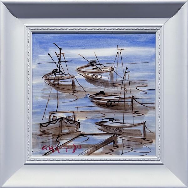 2527-au Iliopoulos Giorgos, Fish boats, Acrylic on paper laid on board, 40 x 40 cm