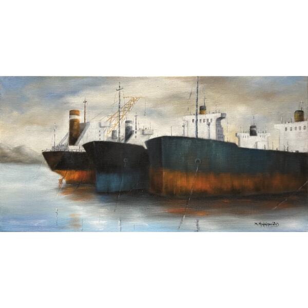 2858-au Balabanidis Christoforos, Tanker, Oil on canvas, 30 x 60 cm