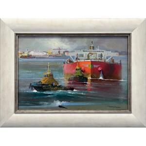 2872-au Papanelopoulos Giannis, Tankers (From Piraeus Port series), Oil on canvas, 40 x 60 cm