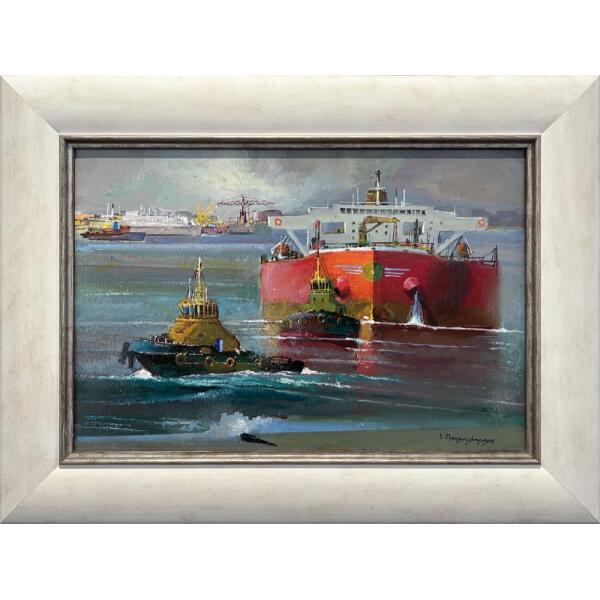 2872-au Papanelopoulos Giannis, Tankers (From Piraeus Port series), Oil on canvas, 40 x 60 cm