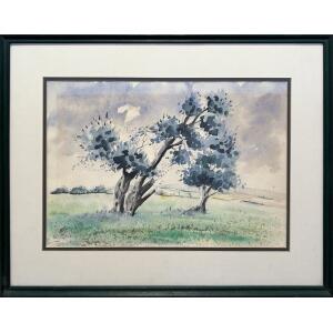 0977-au Metaxas Hristos, Olive Trees, Aquarelle on paper, 31.5 x 48.5 cm