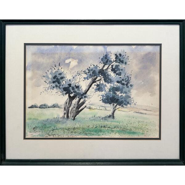 0977-au Metaxas Hristos, Olive Trees, Aquarelle on paper, 31.5 x 48.5 cm