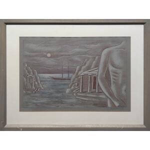 100926-ka-sa-1-au Karavouzis Sarantis, Fantastic, Landscape with Male Torso and Temple, Pastel on paper, 39 x 55.5 cm