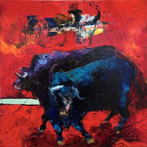2785-au Georgiou Kostis, Bulls, Oil on canvas, 45 x 45 cm