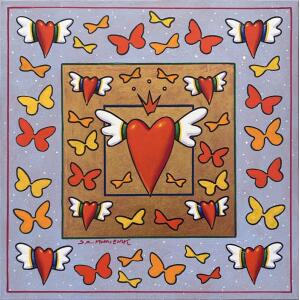 2821-au Milionis C. Dimitris, Flying Red Hearts series, Acrylic and ink pigment on canvas, 40 x 40 cm