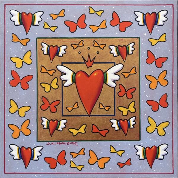 2821-au Milionis C. Dimitris, Flying Red Hearts series, Acrylic and ink pigment on canvas, 40 x 40 cm